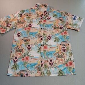 Destroyer Rocks Mens XL Tropical Tiki Bar Beach Woody Wagon Button Up Shirt Blue